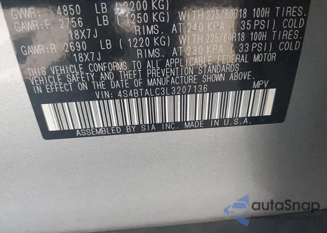 2020 Subaru Outback Limited from USA, damaged, VIN 4S4BTALC3L3207136